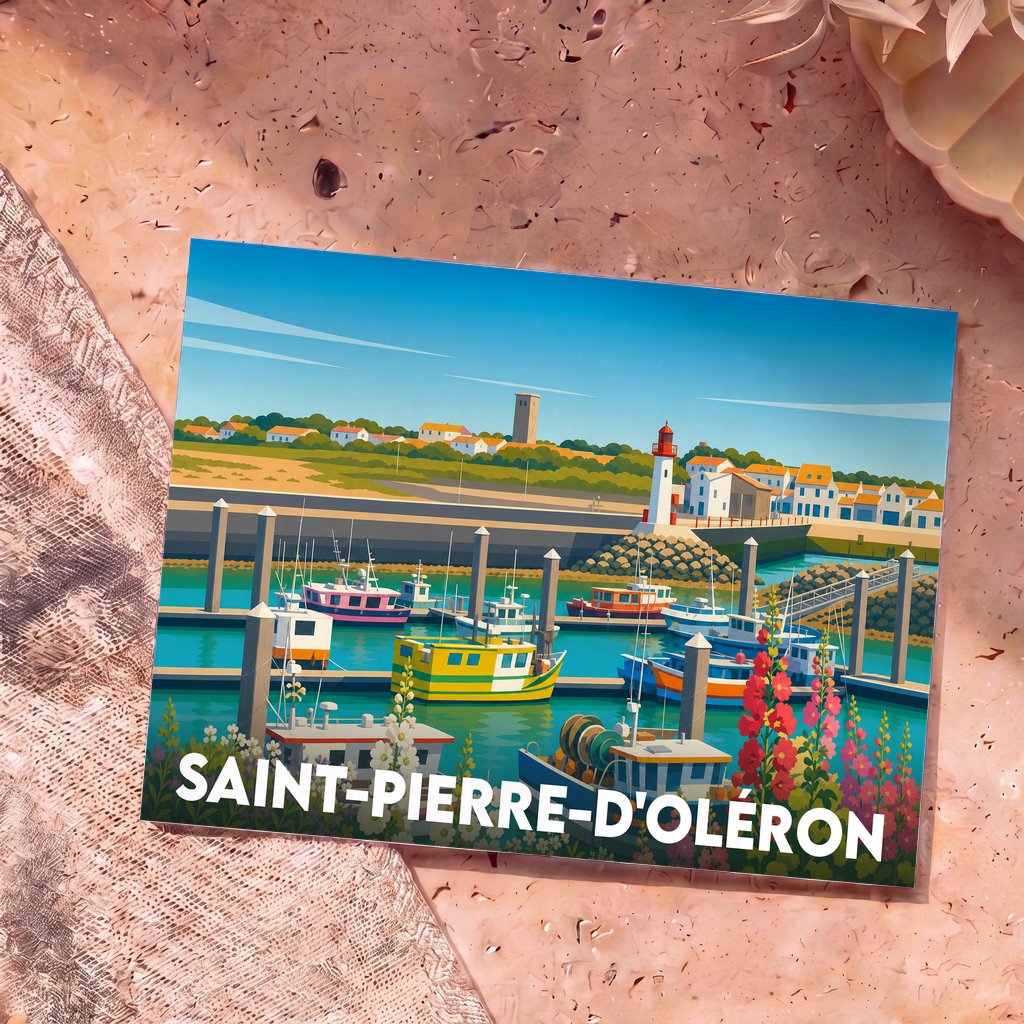 Carte postale souvenir de la ville de Saint-Pierre-d'Oléron avec une illustration stylisée de son port de pêche et de son phare.