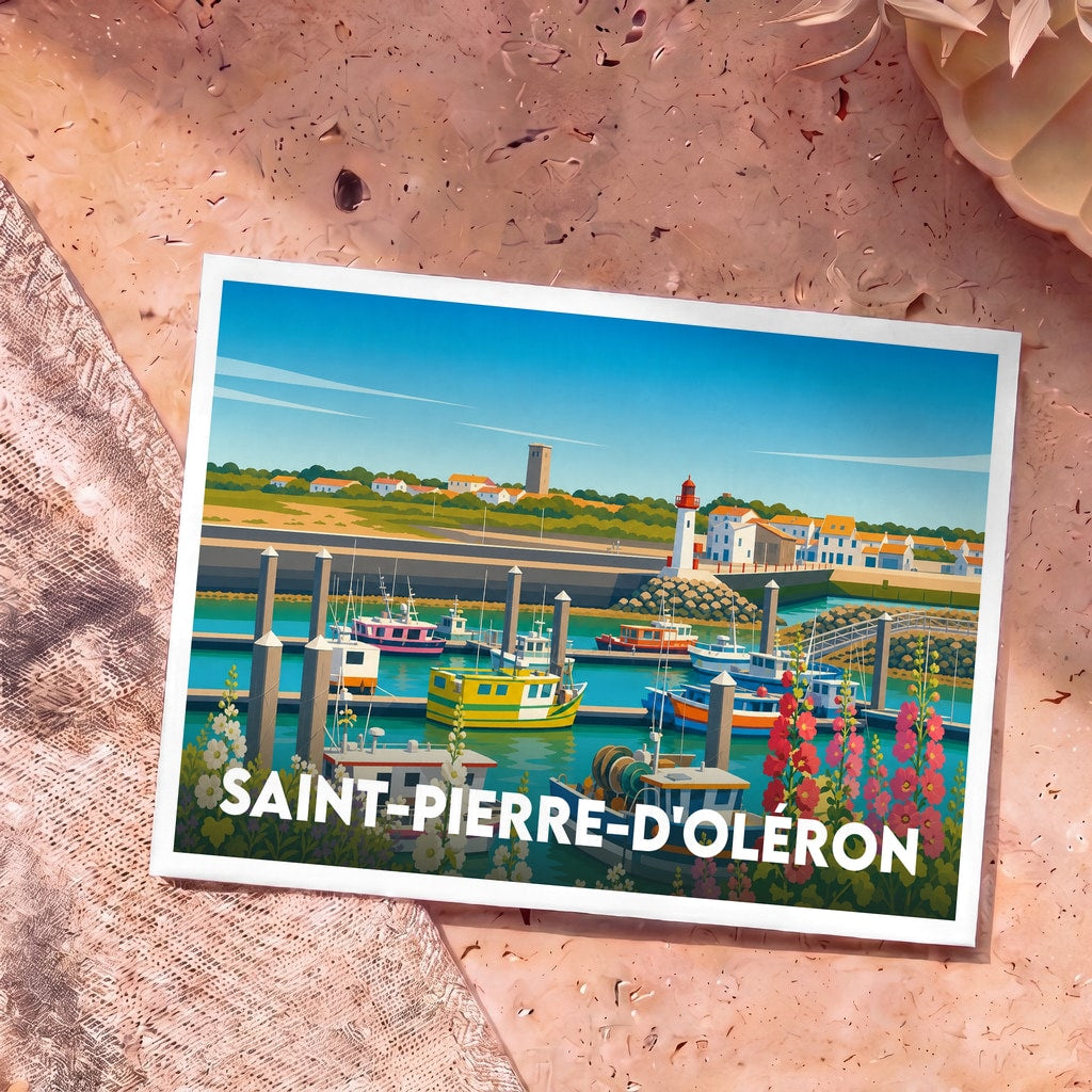 Carte postale souvenir de la ville de Saint-Pierre-d'Oléron avec une illustration stylisée de son port de pêche et de son phare.