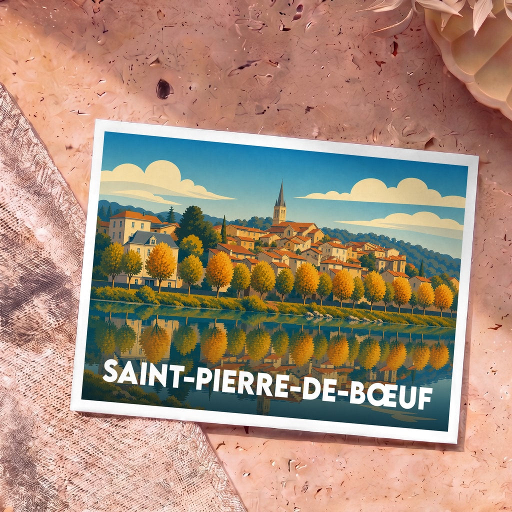 Carte postale souvenir de la ville de Saint-Pierre-de-Bœuf avec une illustration stylisée d'un village en bord d'eau.