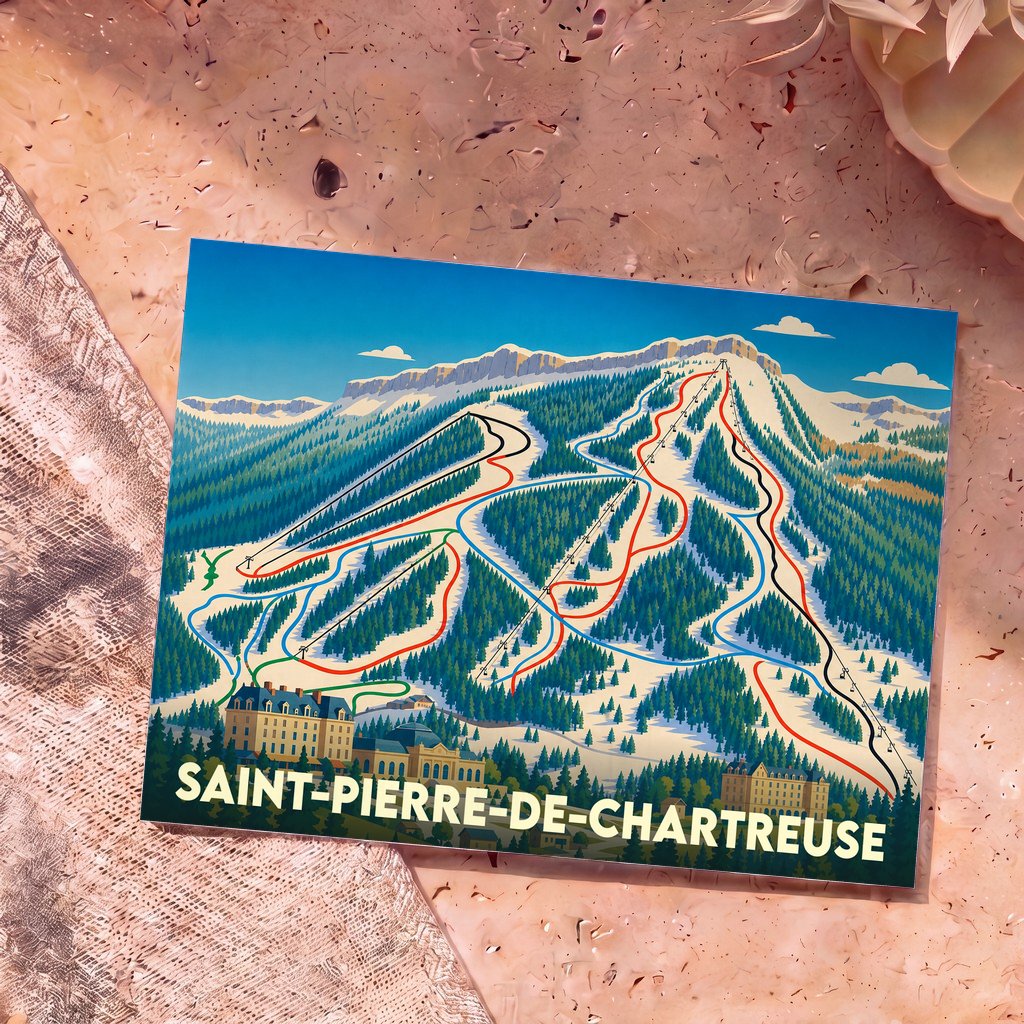 Carte postale souvenir de la ville de Saint-Pierre-de-Chartreuse avec une illustration stylisée d'un plan des pistes de ski.