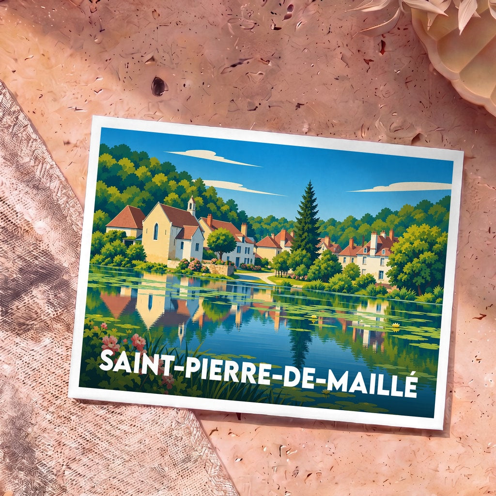 Carte postale souvenir de la ville de Saint-Pierre-de-Maillé avec une illustration stylisée d'un village en bord d'eau.