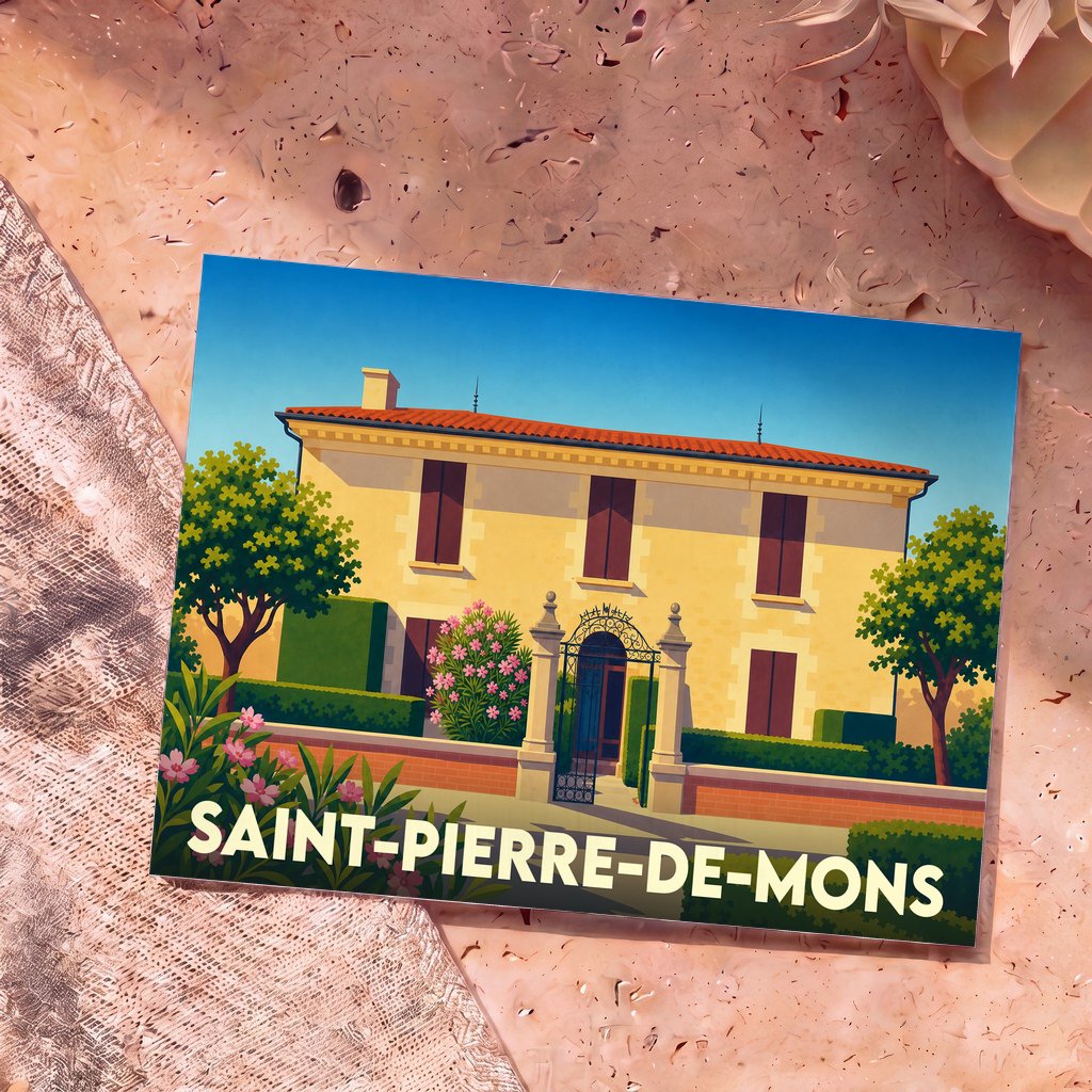 Carte postale souvenir de la ville de Saint-Pierre-de-Mons avec une illustration stylisée d'une maison bourgeoise ensoleillée.