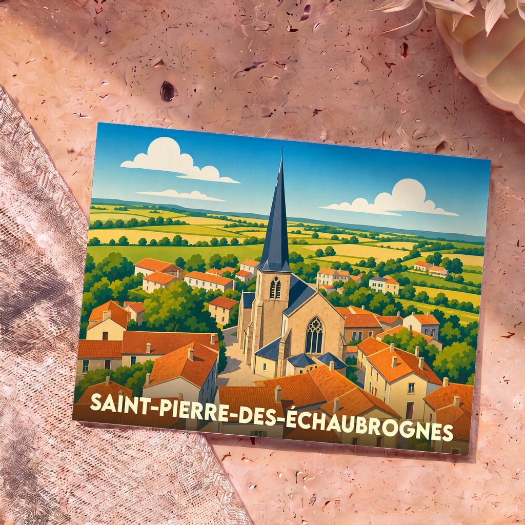 Carte postale souvenir de la ville de Saint-Pierre-des-Échaubrognes avec une illustration stylisée de son église et de ses paysages environnants.