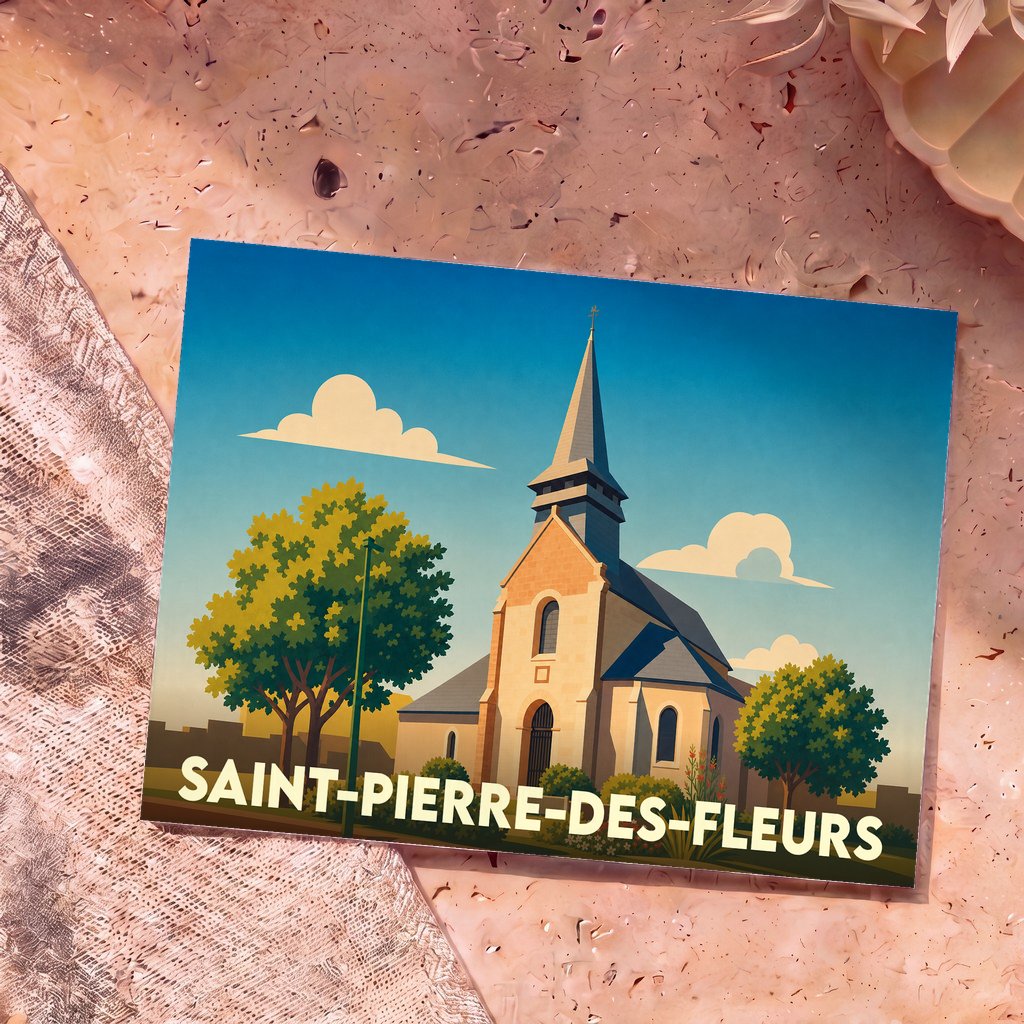 Carte postale souvenir de la ville de Saint-Pierre-des-Fleurs avec une illustration stylisée de son église.