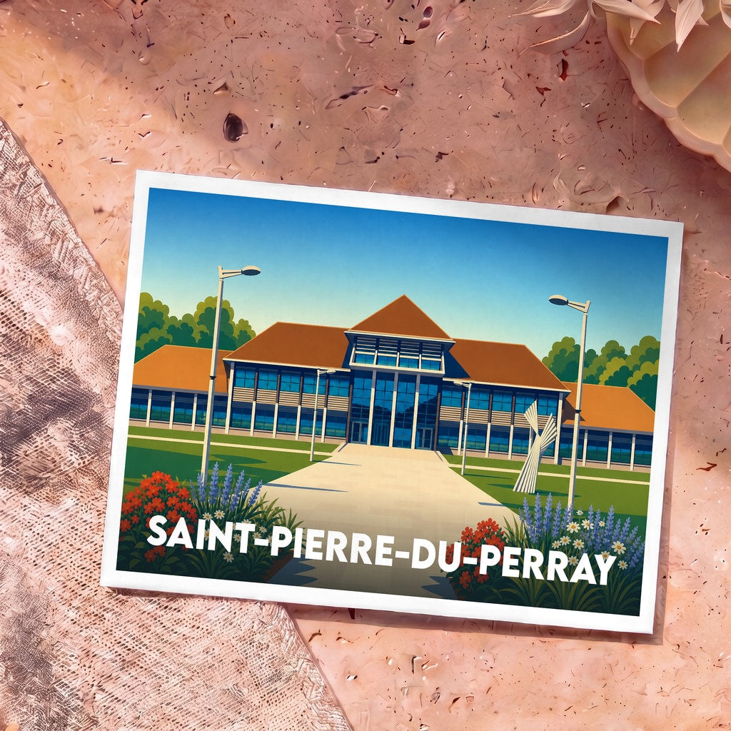 Carte postale souvenir de la ville de Saint-Pierre-du-Perray avec une illustration stylisée de son hôtel de ville.