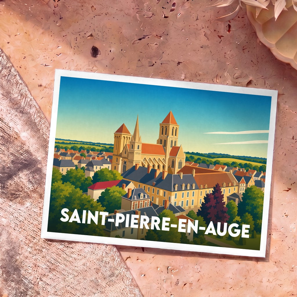 Carte postale souvenir de la ville de Saint-Pierre-en-Auge avec une illustration stylisée de son abbaye et de ses toits.