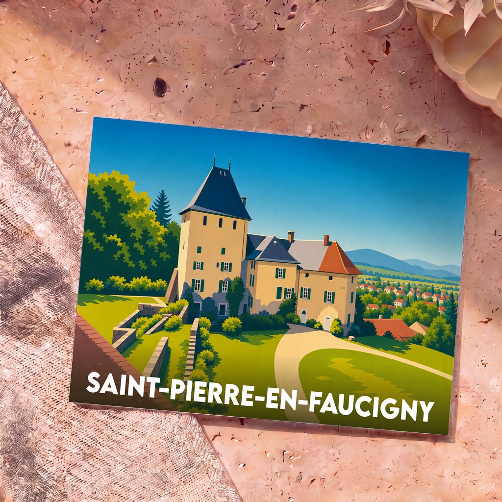 Carte postale souvenir de la ville de Saint-Pierre-en-Faucigny avec une illustration stylisée de son château.