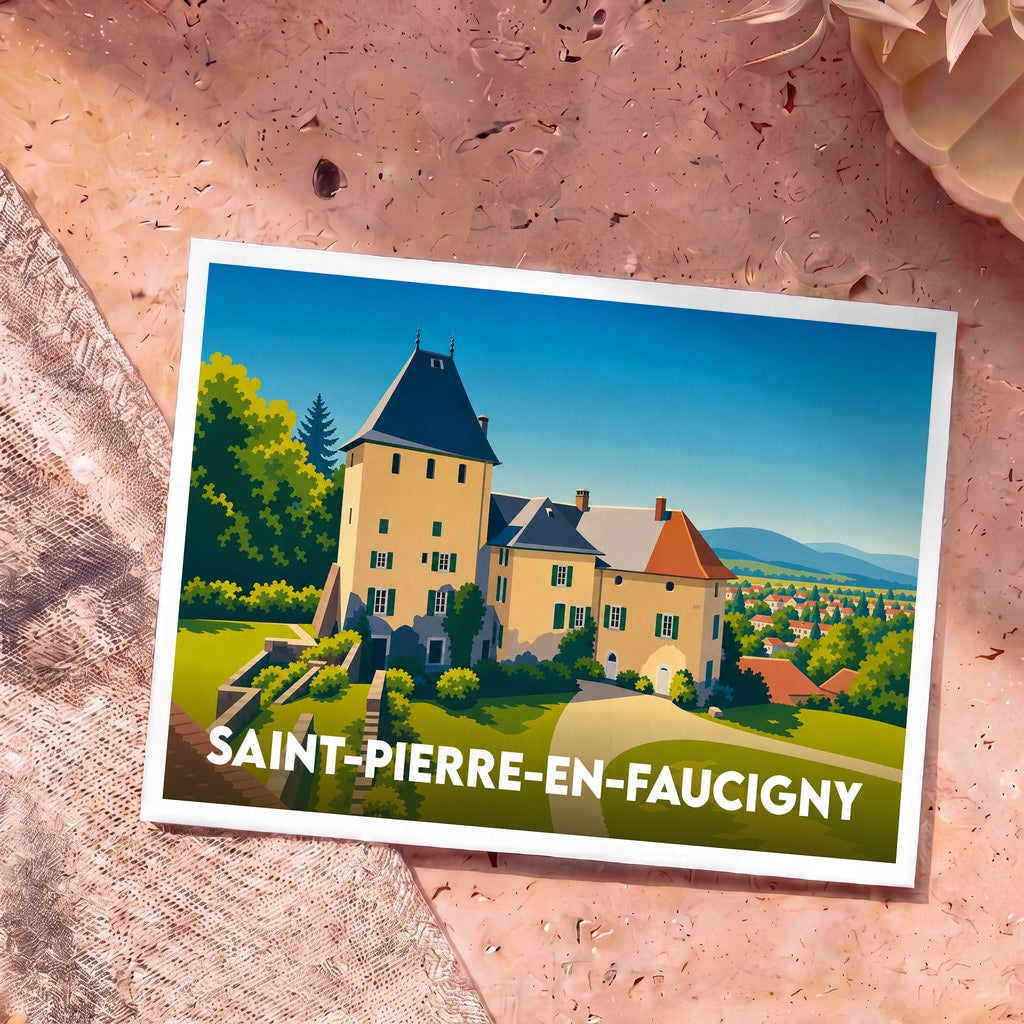 Carte postale souvenir de la ville de Saint-Pierre-en-Faucigny avec une illustration stylisée de son château.