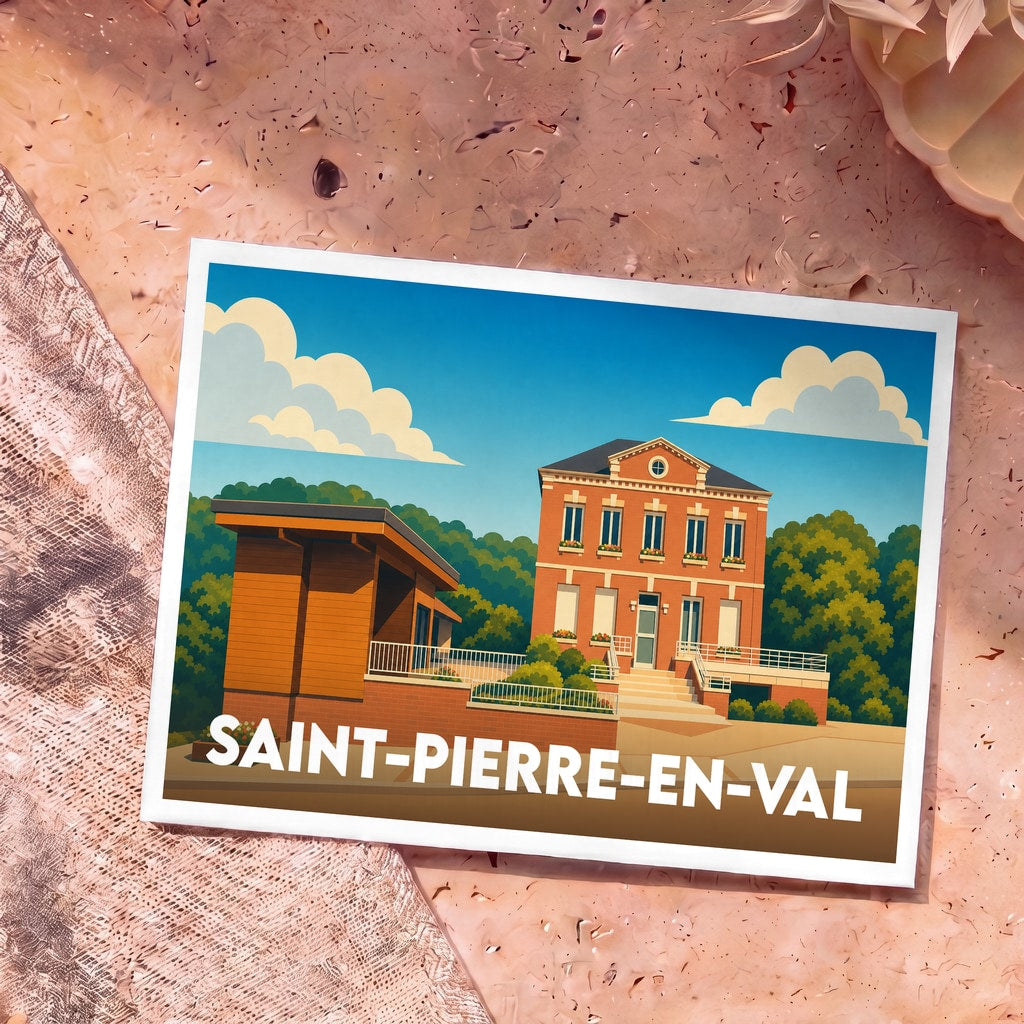 Carte postale souvenir de la ville de Saint-Pierre-en-Val avec une illustration stylisée de bâtiments locaux.