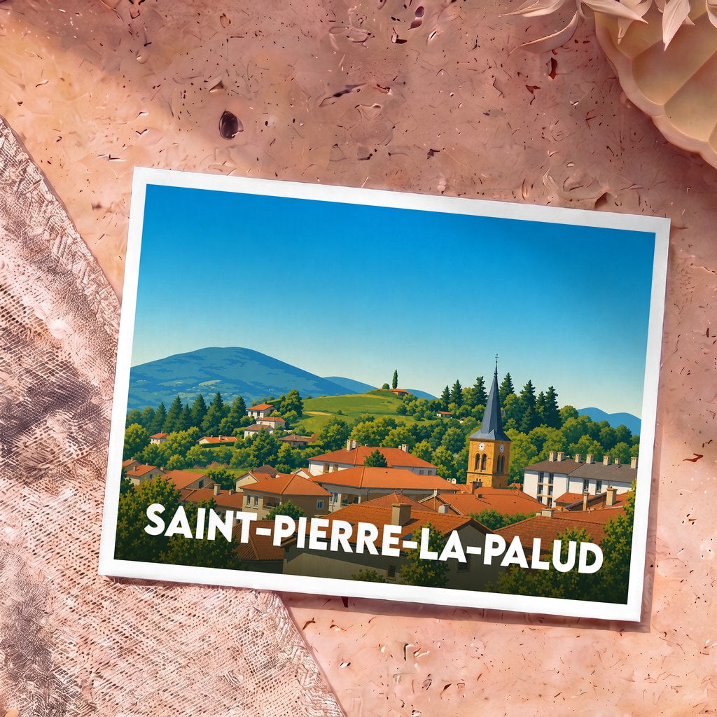 Carte postale souvenir de la ville de Saint-Pierre-la-Palud avec une illustration stylisée d'un village niché dans les collines.