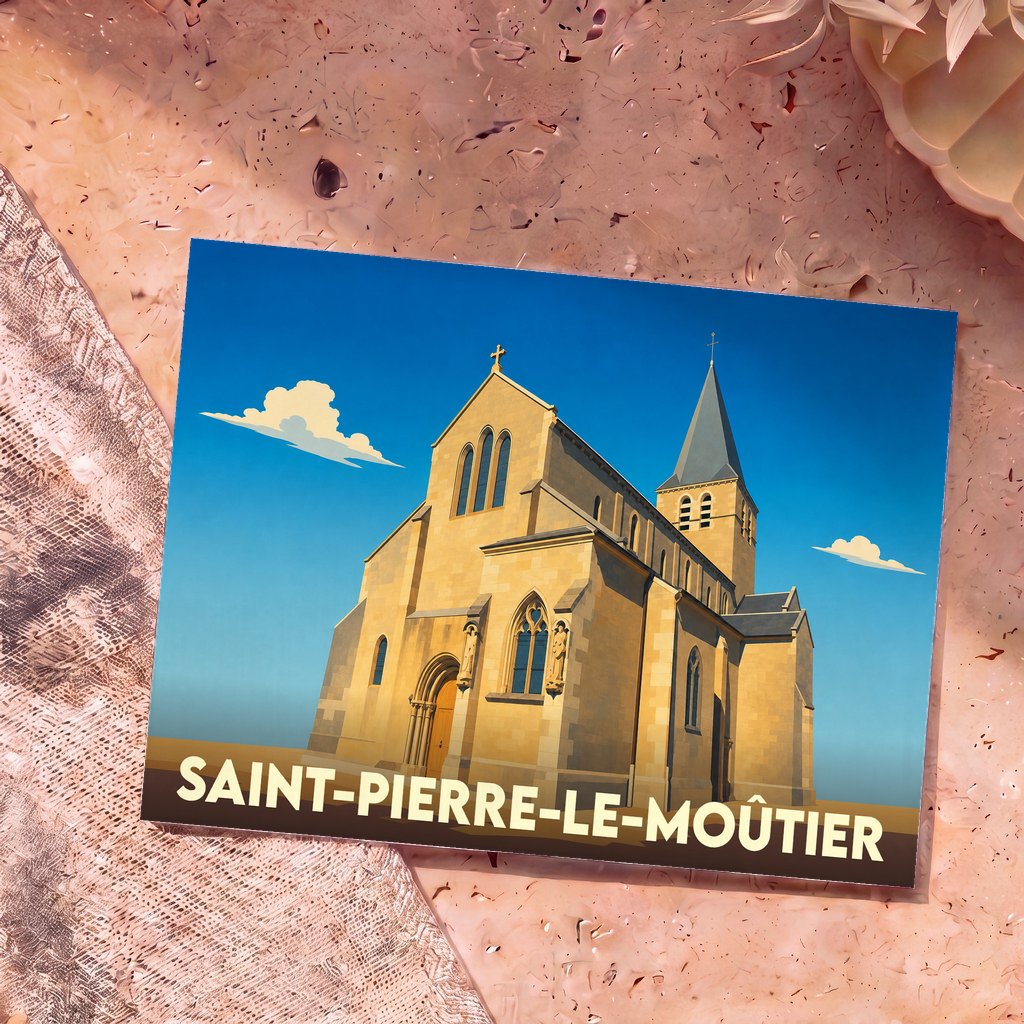 Carte postale souvenir de la ville de Saint-Pierre-le-Moûtier avec une illustration stylisée de son église.