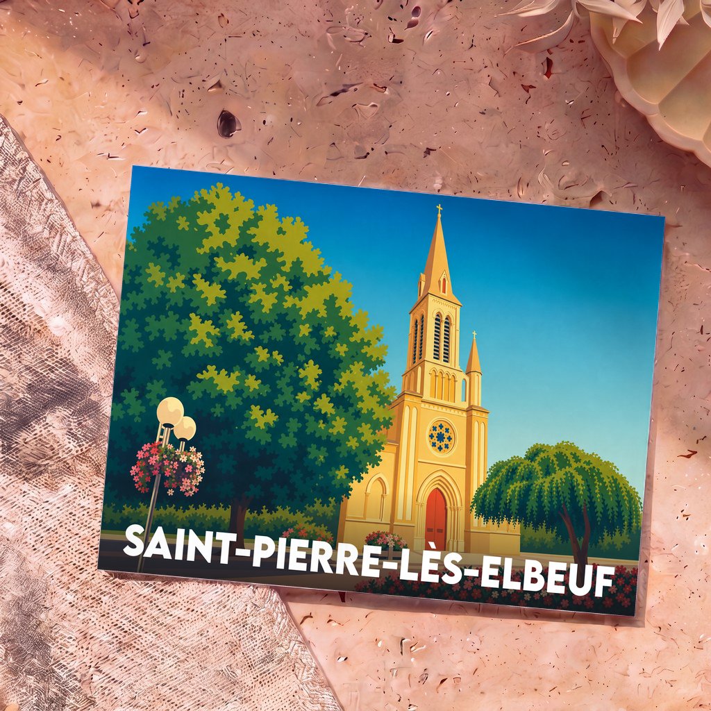 Carte postale souvenir de la ville de Saint-Pierre-lès-Elbeuf avec une illustration stylisée de son église et de sa végétation.