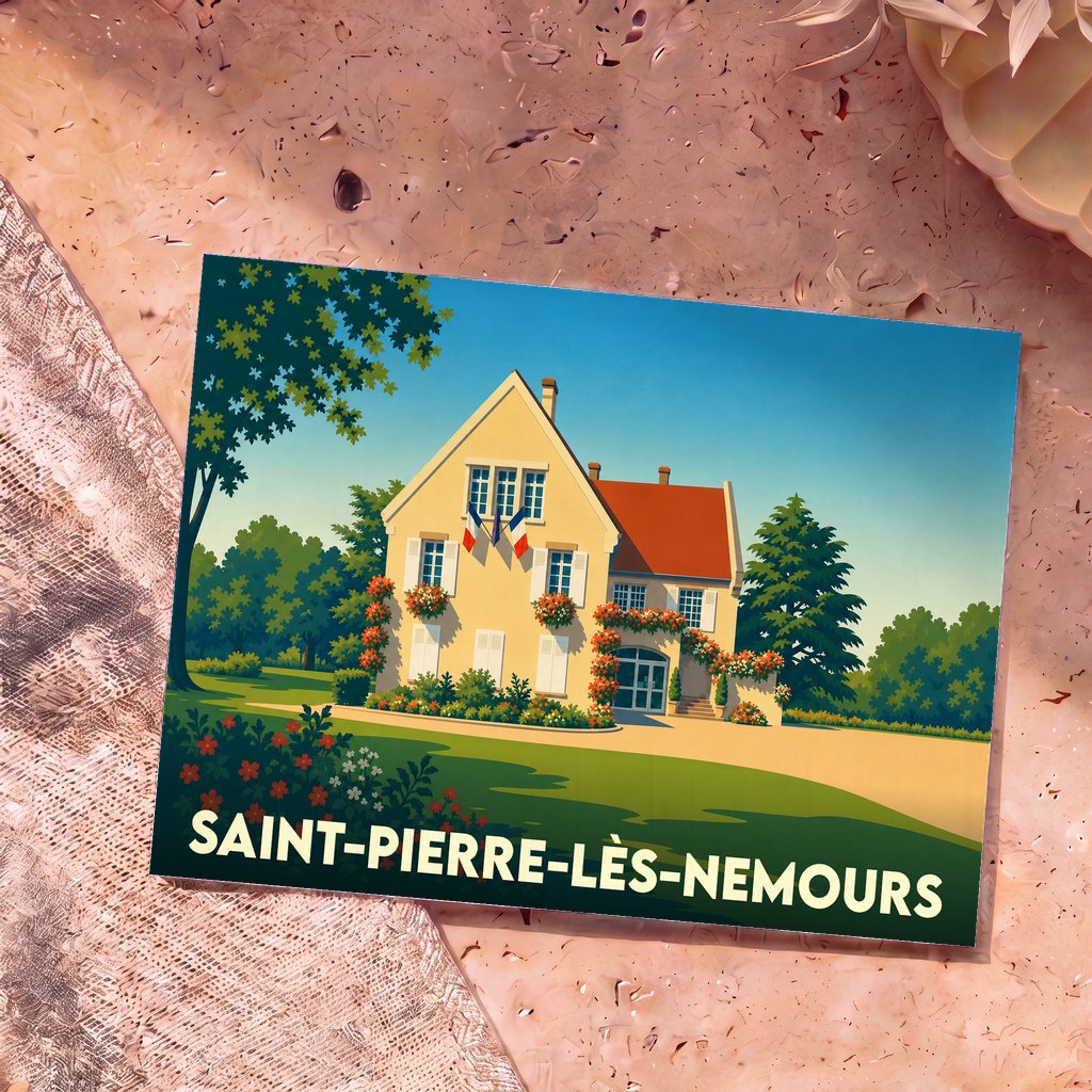 Carte postale souvenir de la ville de Saint-Pierre-lès-Nemours illustrant une bâtisse fleurie sous un ciel bleu.