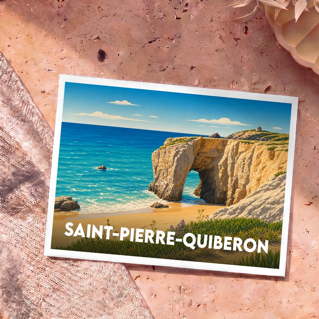 Carte postale souvenir de la ville de Saint-Pierre-Quiberon avec une illustration stylisée d'une arche rocheuse en bord de mer.