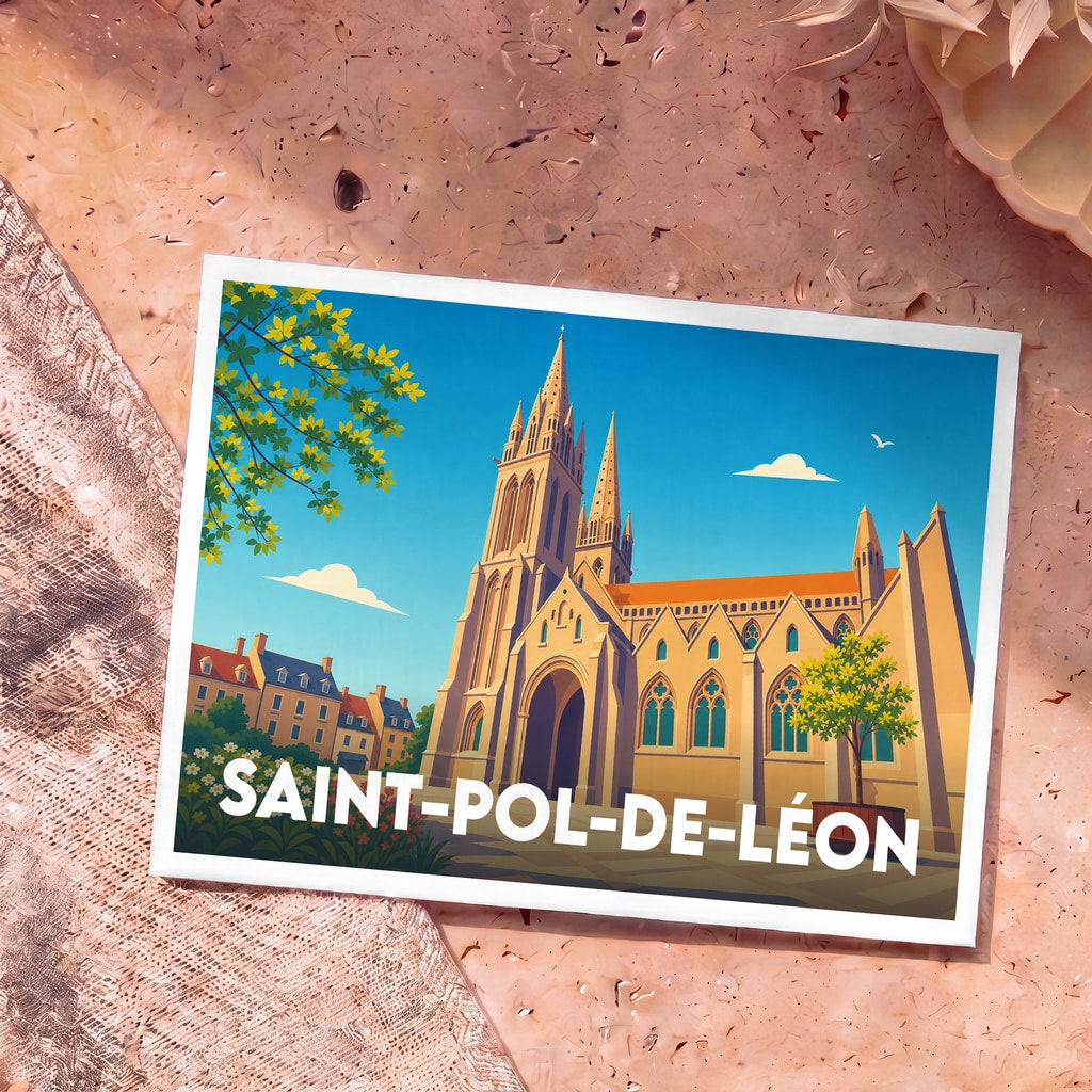 Carte postale souvenir de la ville de Saint-Pol-de-Léon avec une illustration stylisée de sa cathédrale sous un ciel bleu.