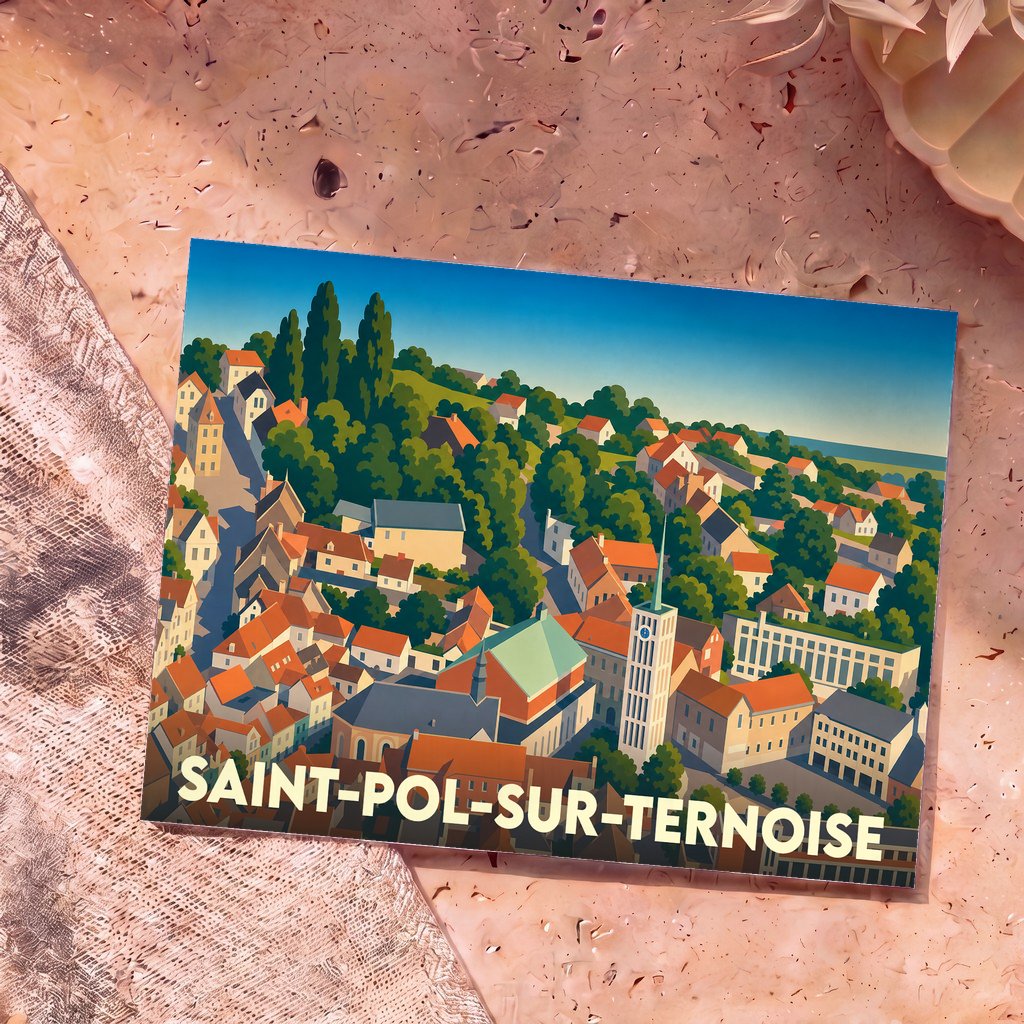 Carte postale souvenir de la ville de Saint-Pol-sur-Ternoise illustrant un panorama coloré et stylisé de la commune.