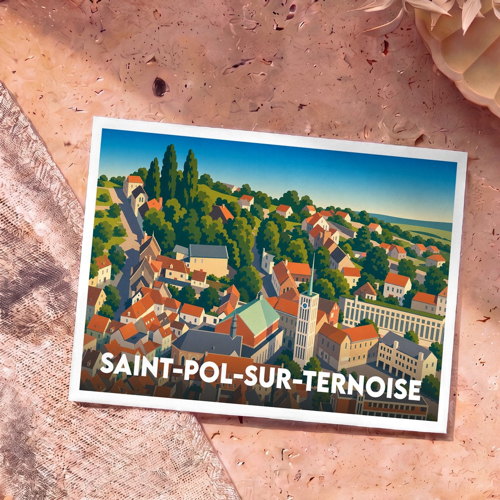 Carte postale souvenir de la ville de Saint-Pol-sur-Ternoise illustrant un panorama coloré et stylisé de la commune.
