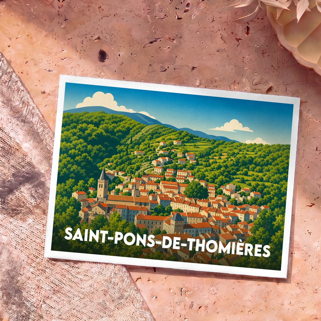 Carte postale souvenir de Saint-Pons-de-Thomières avec une illustration stylisée du village niché dans une vallée verdoyante.