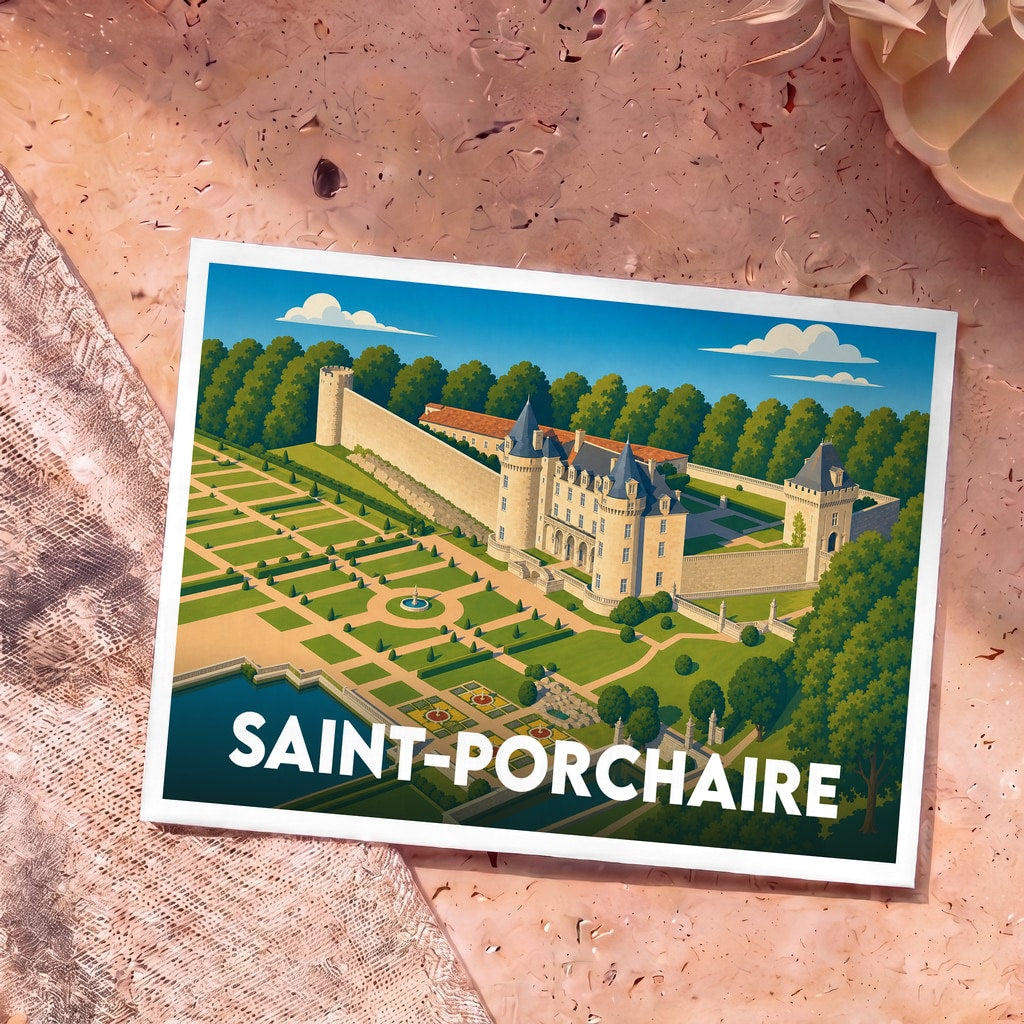 Carte postale souvenir de la ville de Saint-Porchaire illustrant son château et ses jardins à la française.