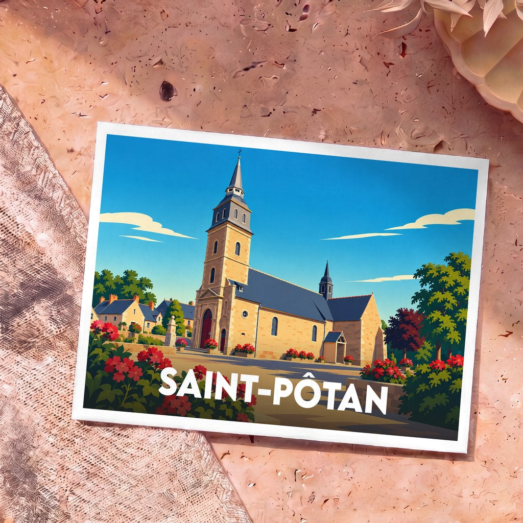 Carte postale souvenir de la ville de Saint-Pôtan avec une illustration stylisée de son église.