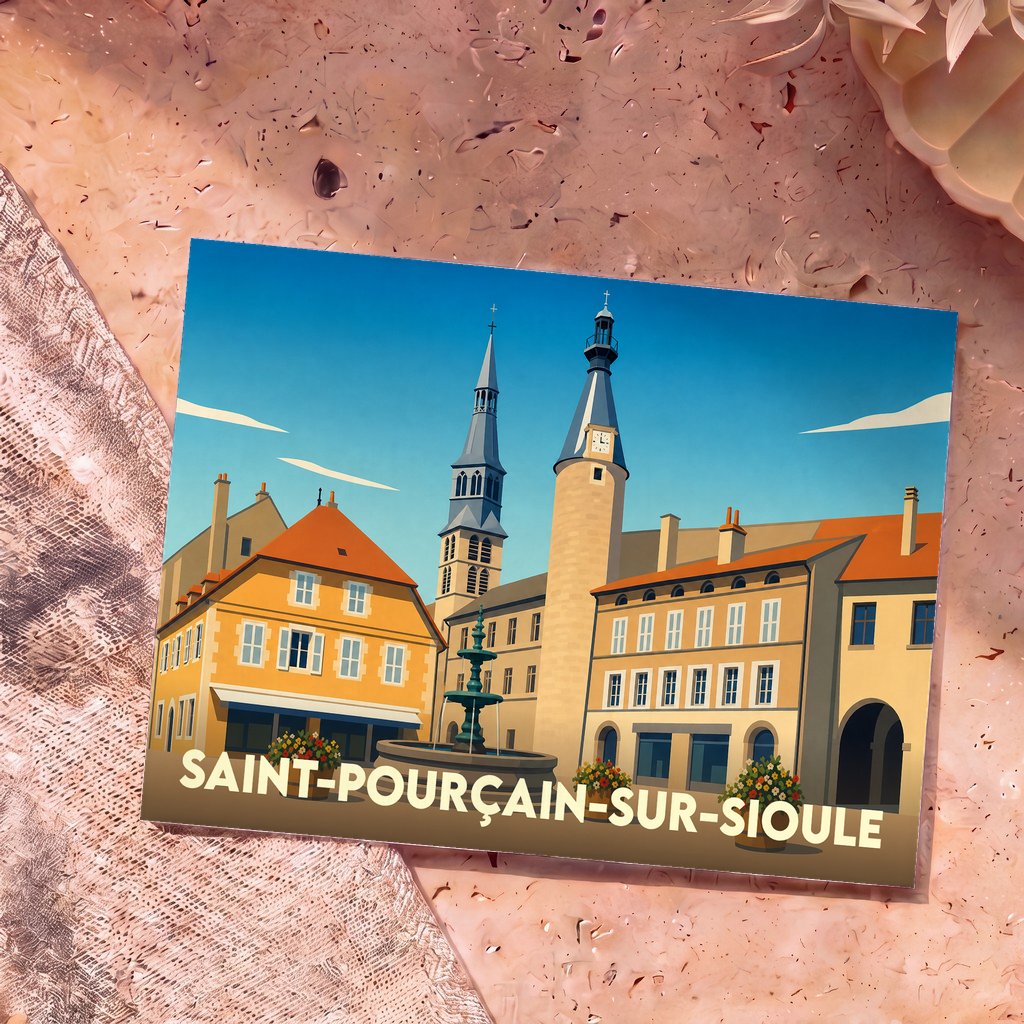 Carte postale souvenir de la ville de Saint-Pourçain-sur-Sioule avec une illustration stylisée de sa place principale.