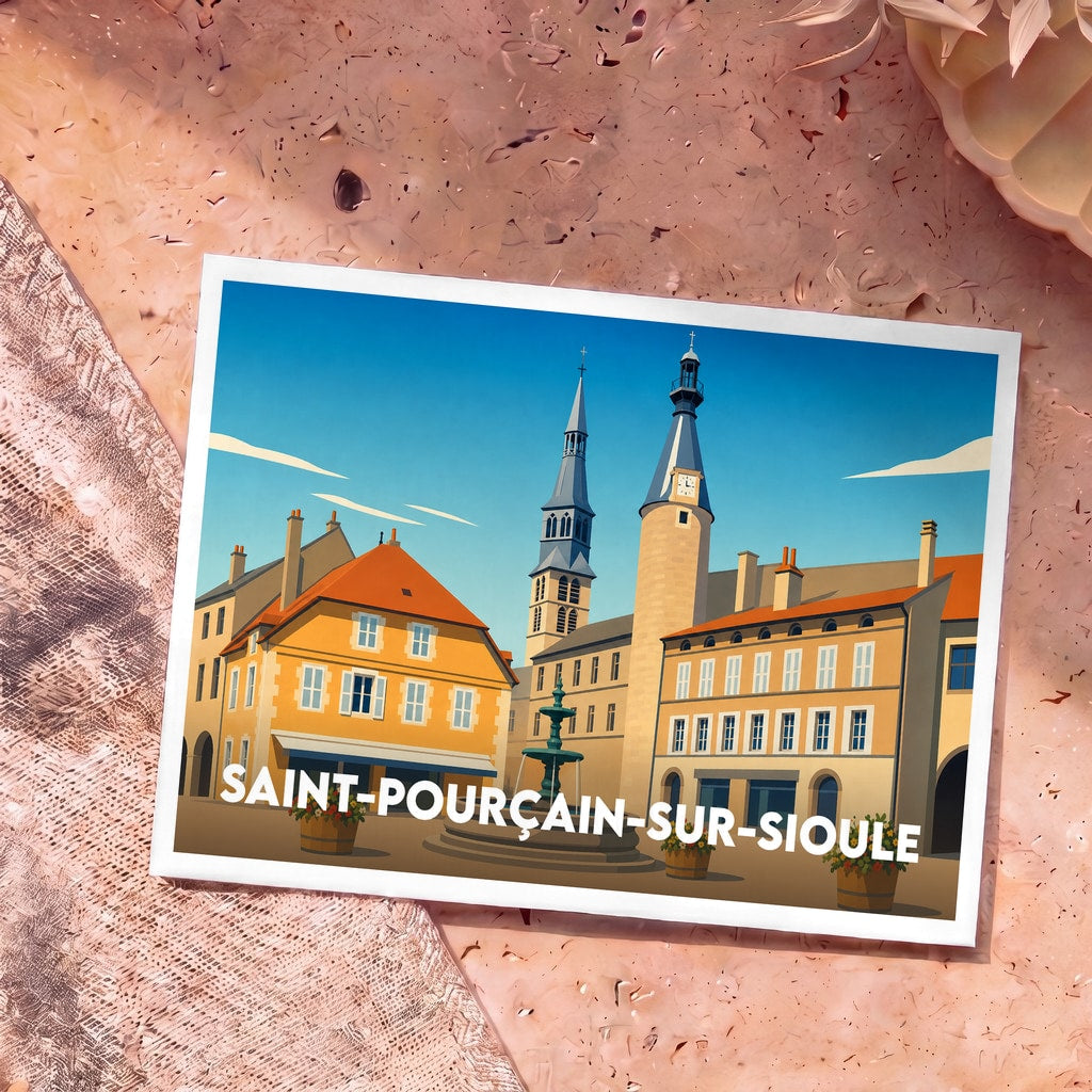 Carte postale souvenir de la ville de Saint-Pourçain-sur-Sioule avec une illustration stylisée de sa place principale.