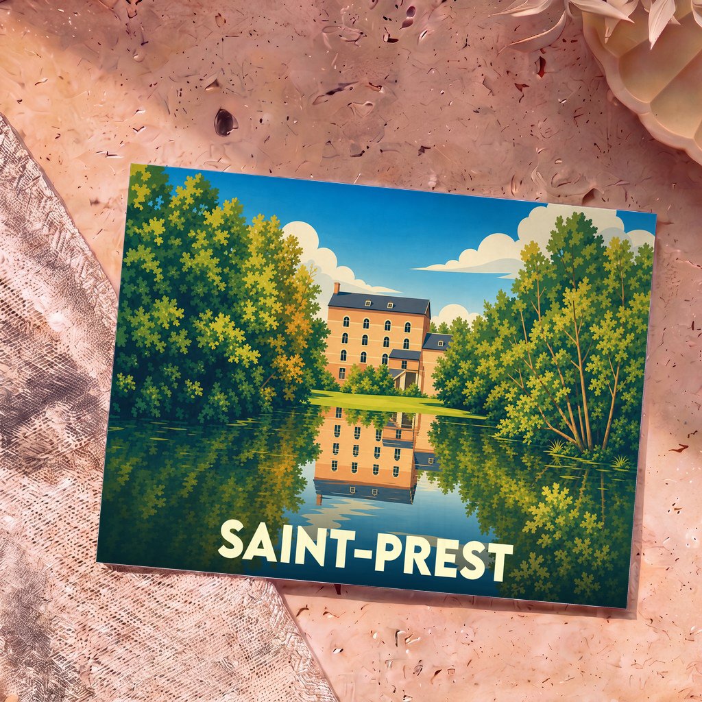 Carte postale souvenir de la ville de Saint-Prest illustrant un grand bâtiment au bord de l'eau.