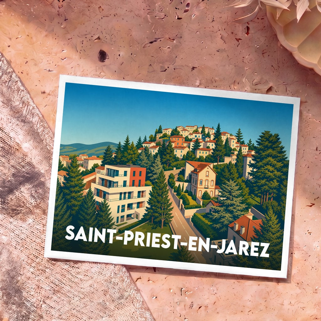 Carte postale souvenir de la ville de Saint-Priest-en-Jarez avec une illustration stylisée et colorée.
