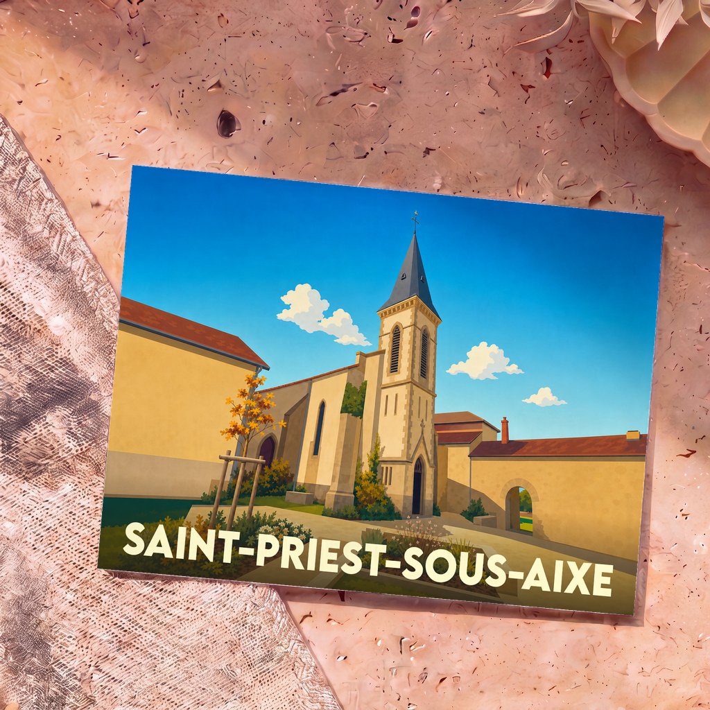 Carte postale souvenir de Saint-Priest-sous-Aixe représentant son église dans un style illustré.