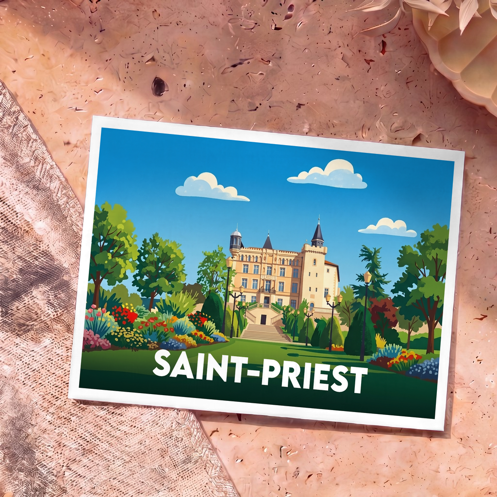 Carte postale souvenir de la ville de Saint-Priest illustrant son château et ses jardins dans un style graphique coloré.
