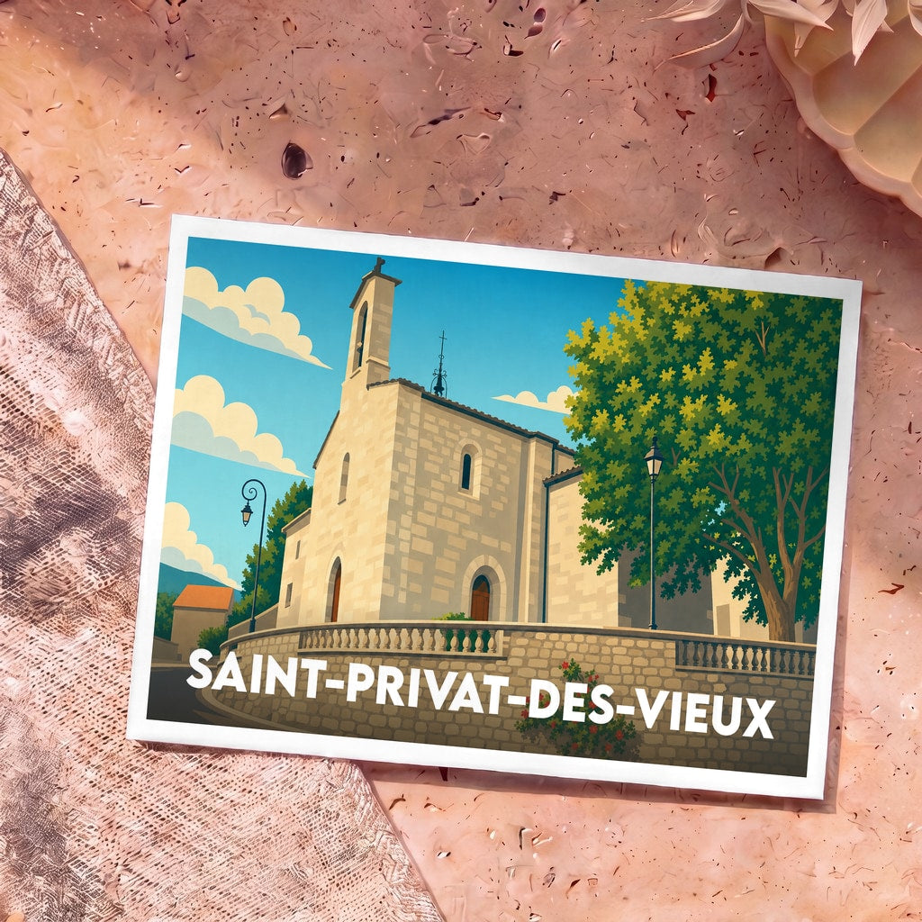 Carte postale souvenir de la ville de Saint-Privat-des-Vieux avec une illustration stylisée de son église.