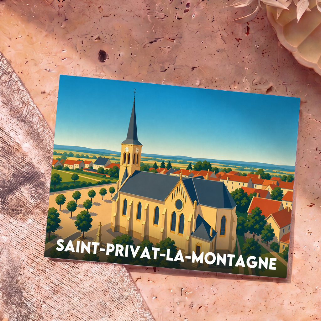 Carte postale souvenir de la ville de Saint-Privat-la-Montagne illustrée par une vue panoramique stylisée de son église et de ses toits rouges.