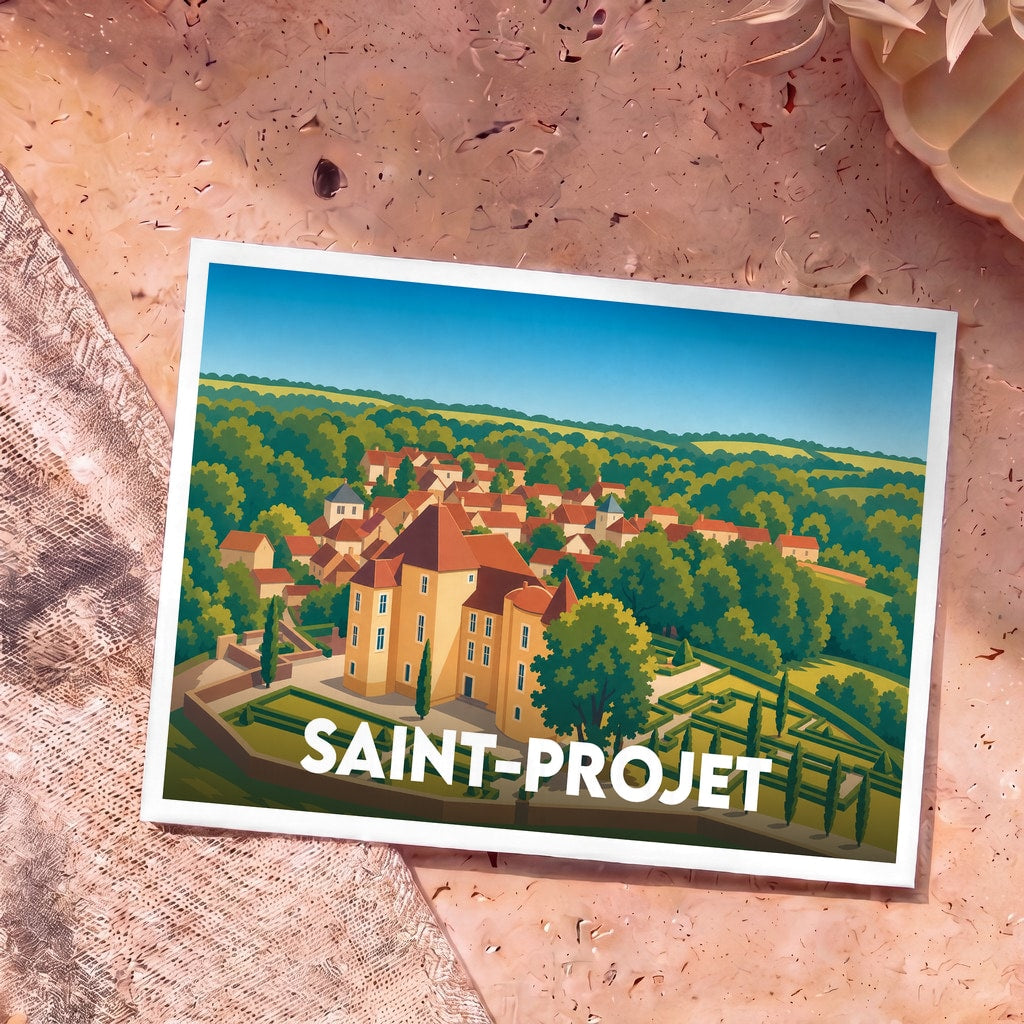 Carte postale souvenir de Saint-Projet présentant une illustration stylisée d'un château surplombant un village.