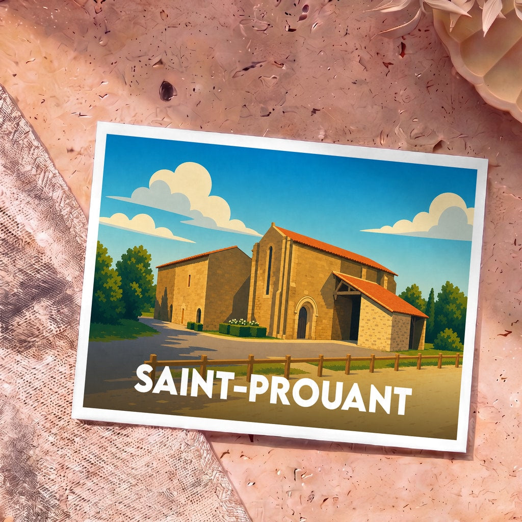 Carte postale souvenir de la ville de Saint-Prouant avec une illustration stylisée de son église en pierre.