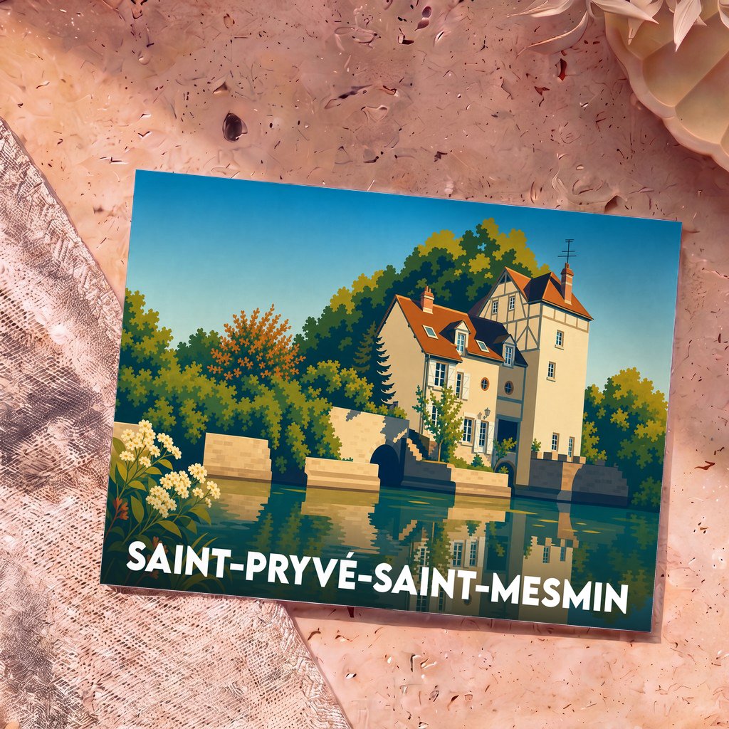 Carte postale souvenir de la ville de Saint-Pryvé-Saint-Mesmin avec une illustration stylisée d'une bâtisse au bord de l'eau.