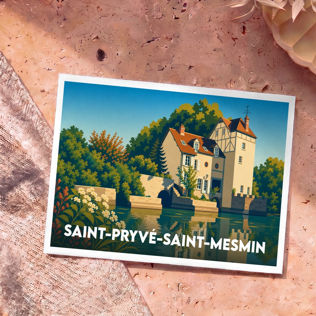 Carte postale souvenir de la ville de Saint-Pryvé-Saint-Mesmin avec une illustration stylisée d'une bâtisse au bord de l'eau.