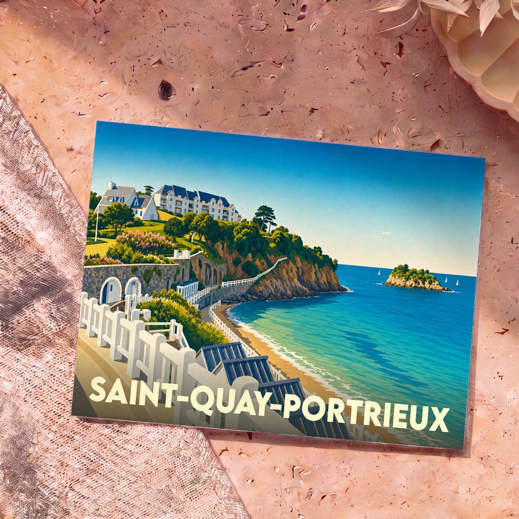 Carte postale souvenir de Saint-Quay-Portrieux arborant une illustration stylisée et colorée de son littoral.