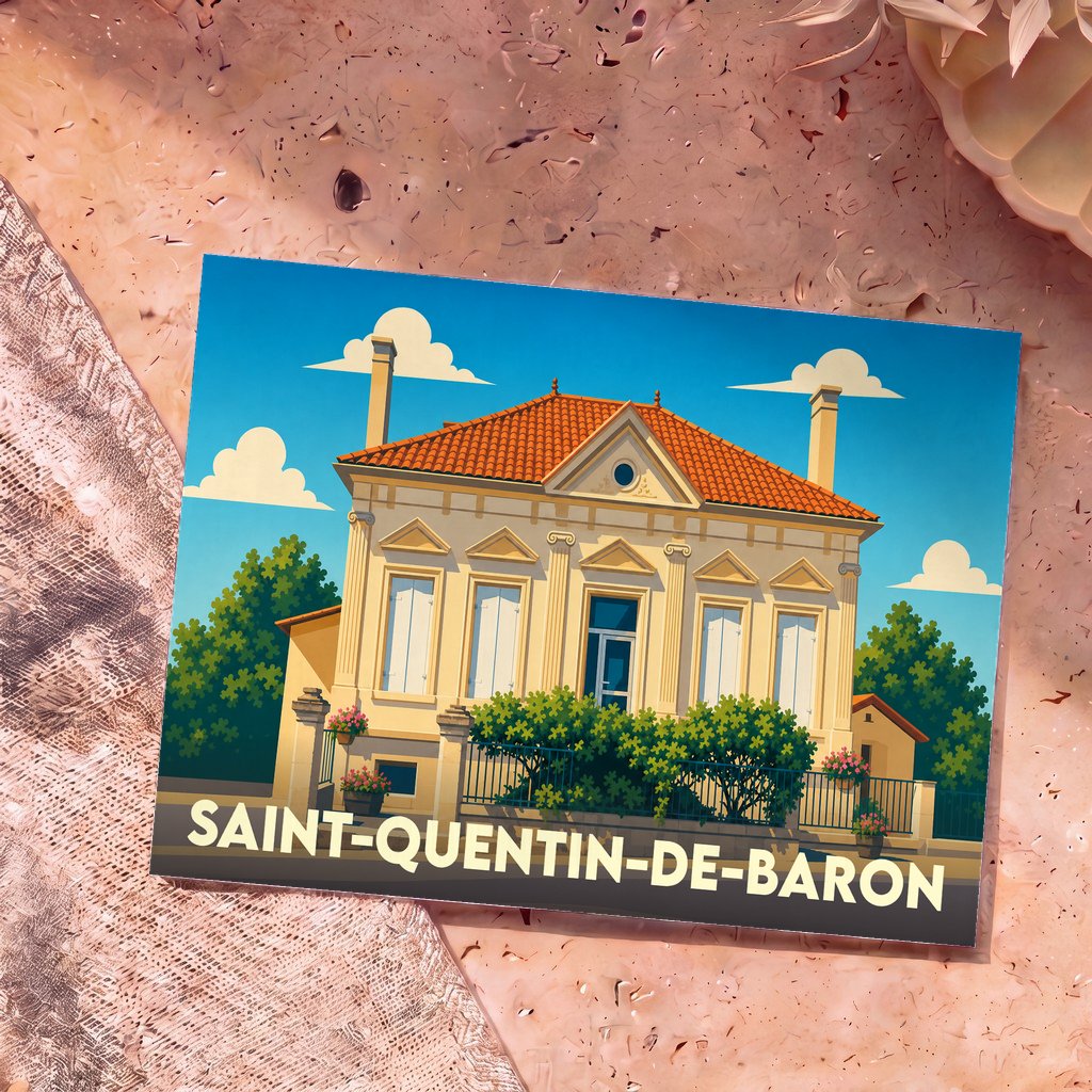 Carte postale souvenir de la ville de Saint-Quentin-de-Baron avec une illustration stylisée d'une demeure bourgeoise.