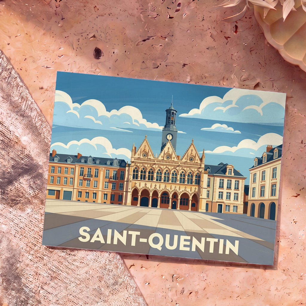 Carte postale souvenir de la ville de Saint-Quentin avec une illustration stylisée de son hôtel de ville.