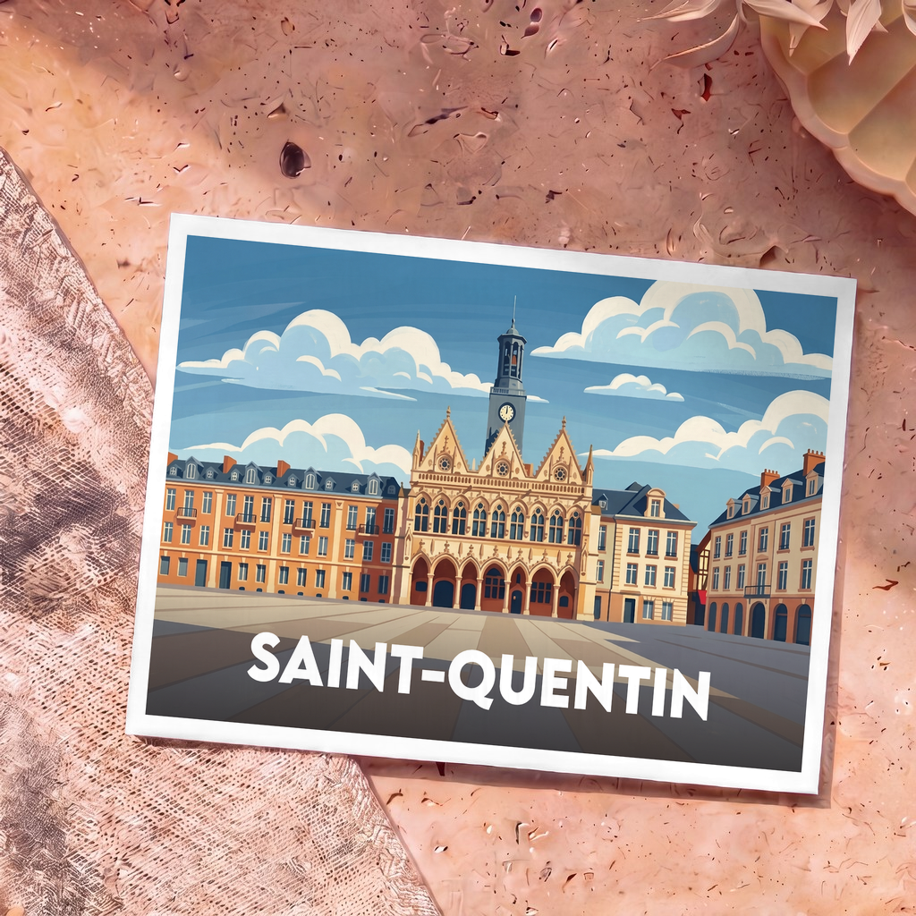 Carte postale souvenir de la ville de Saint-Quentin avec une illustration stylisée de son hôtel de ville.