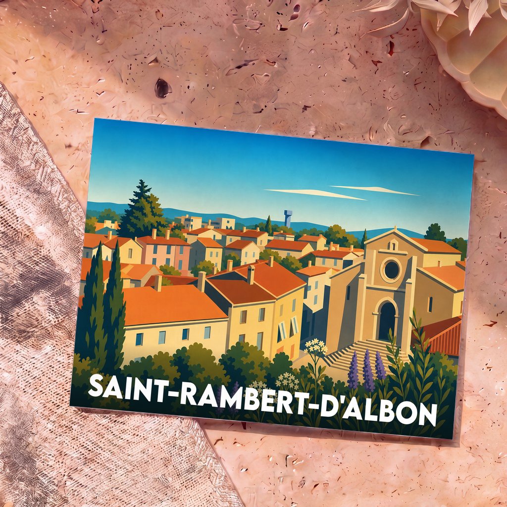 Carte postale souvenir de la ville de Saint-Rambert-d'Albon avec une illustration stylisée et colorée.