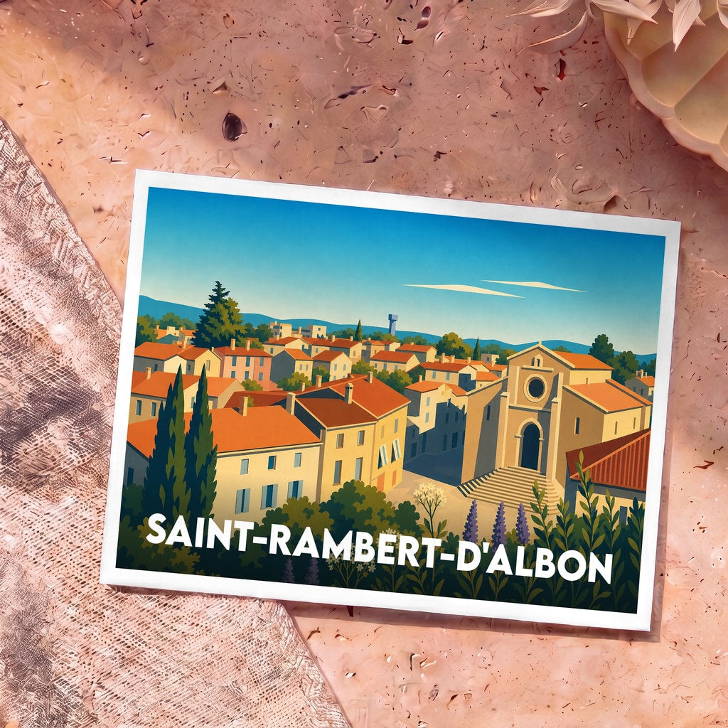 Carte postale souvenir de la ville de Saint-Rambert-d'Albon avec une illustration stylisée et colorée.