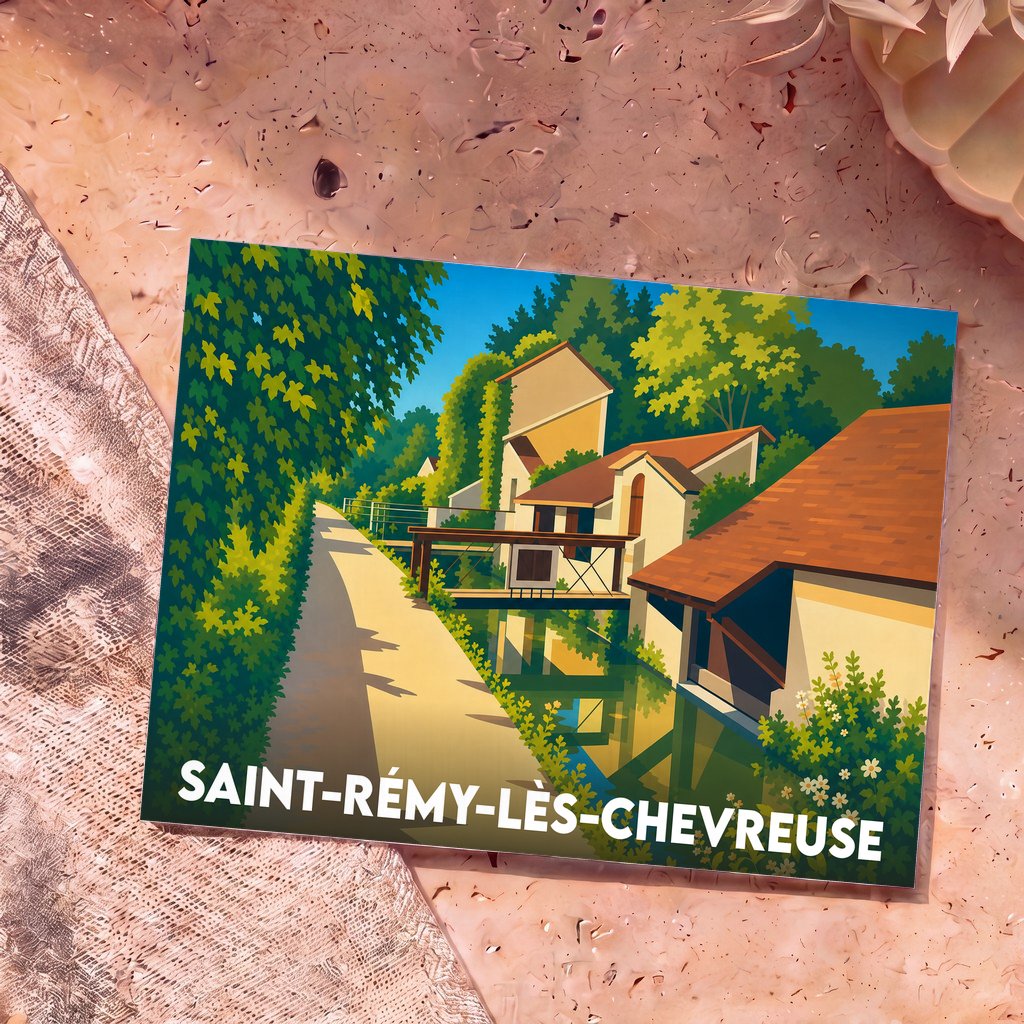 Carte postale souvenir de Saint-Rémy-lès-Chevreuse avec une illustration stylisée d'un canal bordé de maisons et de verdure.