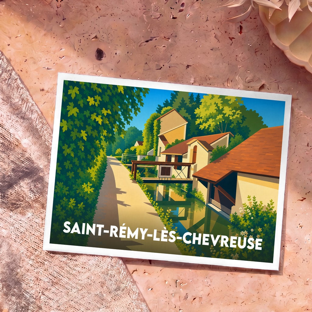 Carte postale souvenir de Saint-Rémy-lès-Chevreuse avec une illustration stylisée d'un canal bordé de maisons et de verdure.