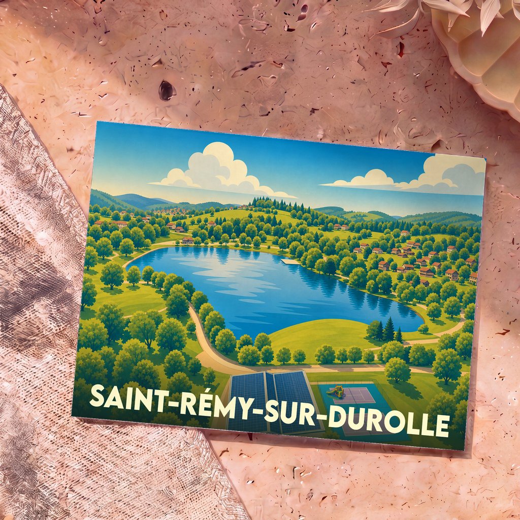 Carte postale souvenir de la ville de Saint-Rémy-sur-Durolle avec une illustration colorée de son lac et de ses paysages verdoyants.