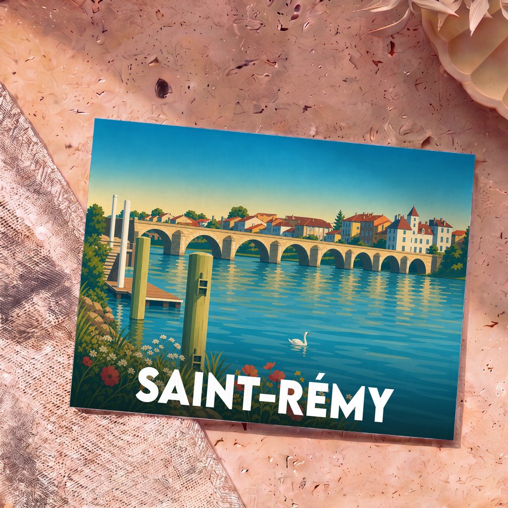 Carte postale souvenir de la ville de Saint-Rémy avec une illustration stylisée d'un pont en pierre traversant une rivière.