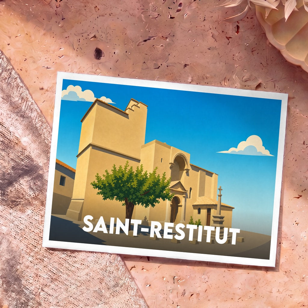 Carte postale souvenir de la ville de Saint-Restitut avec une illustration stylisée de son église romane.