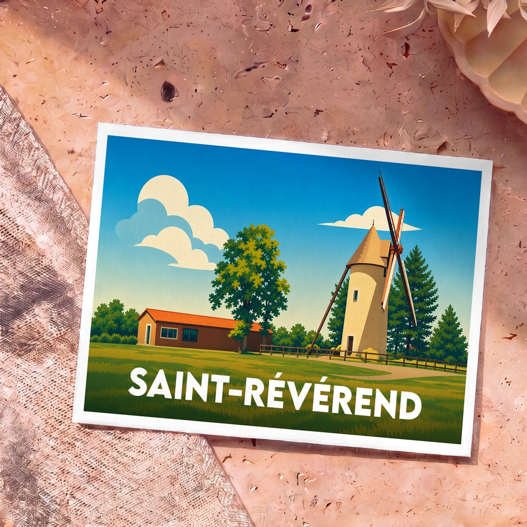 Carte postale souvenir de la ville de Saint-Révérend avec une illustration stylisée d'un moulin.
