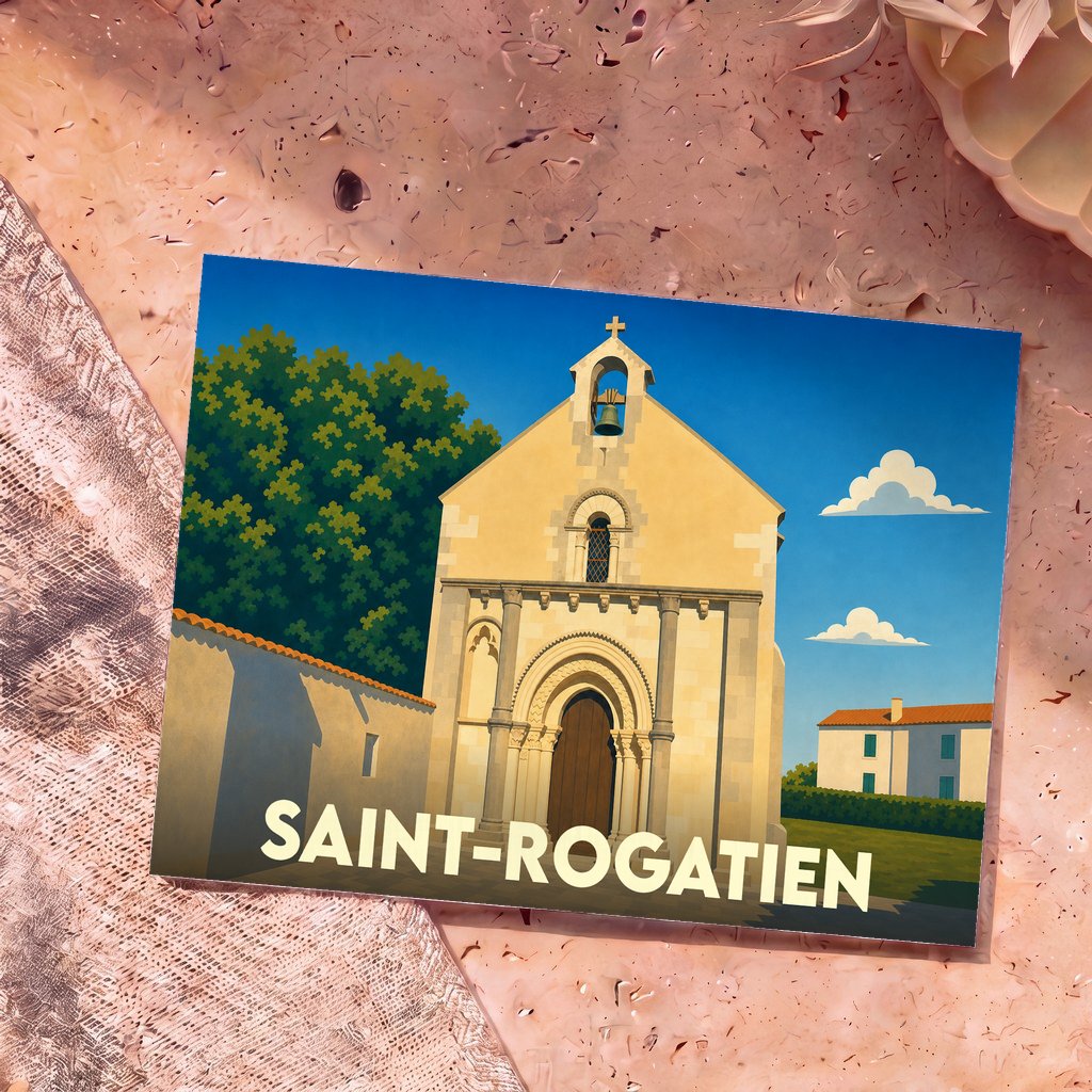 Carte postale souvenir de la ville de Saint-Rogatien avec une illustration stylisée de son église romane.
