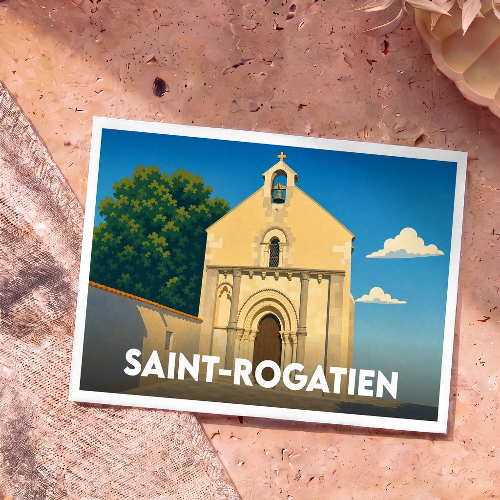 Carte postale souvenir de la ville de Saint-Rogatien avec une illustration stylisée de son église romane.